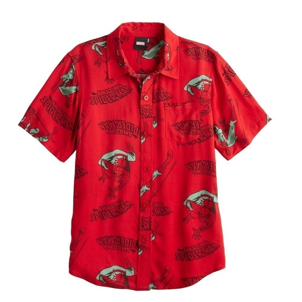 🆕Boys Spiderman Short Sleeved Button Down Collar Shirt Red Large